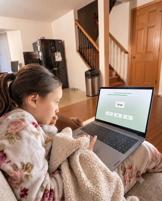 A girl wrapped in a blanket works through a reading exercise on a laptop at home