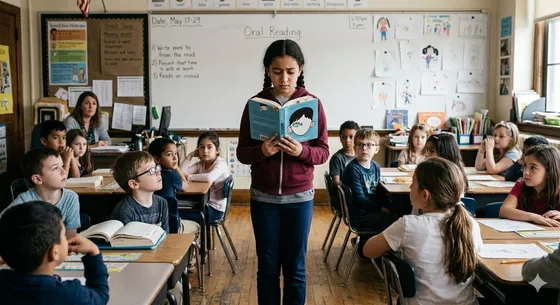 A student reading aloud to her class while classmates and their teacher listen