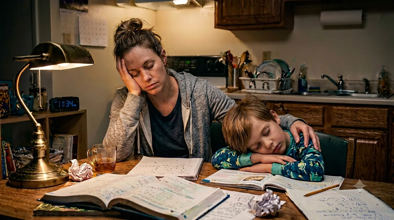 A weary mother sits at the kitchen table late at night while her son rests his head on his books