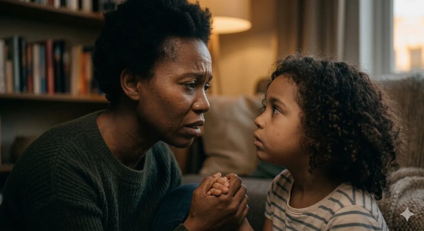 A concerned mother holds her young daughter's hands while they talk